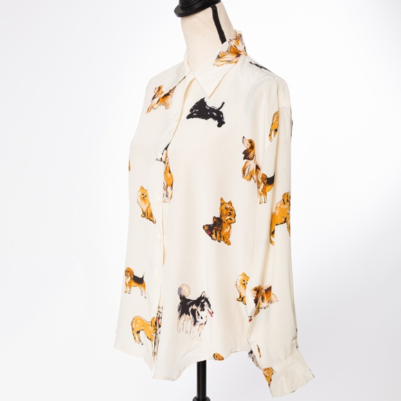100% silk dog lover blouse cream Fu Da size M - Picture 9 of 12